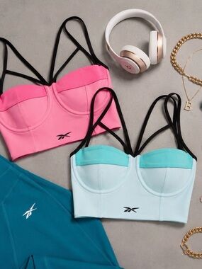 Cardi B Reebok collab Women’s Strappy Longline Sports Bra - Pink & Light Teal